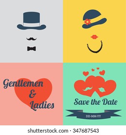 Set of wedding invitation vintage design ladies and gentlemen, former fashion vintage style.