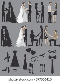 Set of wedding invitation vintage design elements, designers toolkit.Set of bride and groom poses for wedding invitation