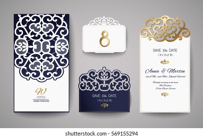Conjunto de Invitación a Boda Vintage. Plantilla para corte láser.Ilustración vectorial.