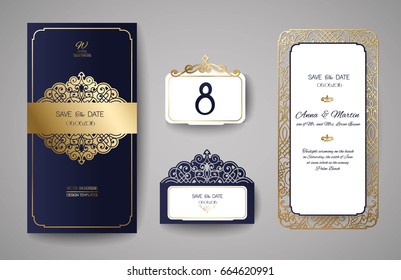 Set of Wedding Invitation Vintage. Template for laser cutting. Vector illustration.