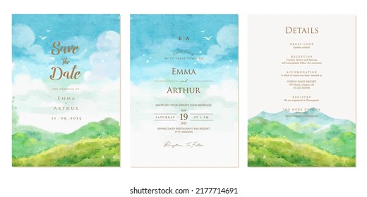 Set of wedding invitation with watercolor aquarelle landscape mountain background