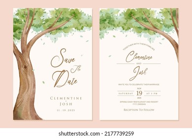 Conjunto de invitación a la boda con fondo de árbol grande acuarela