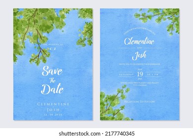 Set of wedding invitation with watercolor blue sky tree branch background