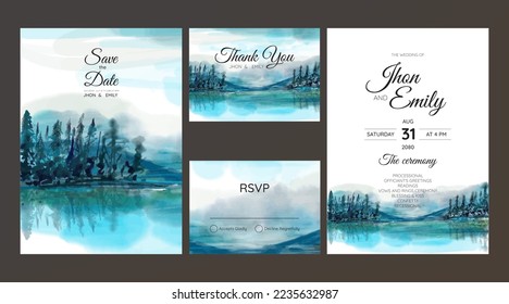 Set of Wedding Invitation,, watercolor mountains, forest and lake
