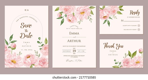 Set of wedding invitation with watercolor pink roses floral