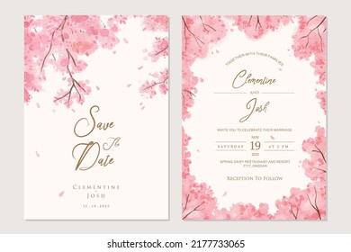 Conjunto de invitación a la boda con fondo de color rosa de las hojas de agua