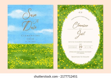 Set of wedding invitation with watercolor spring yellow flower fields background landscape