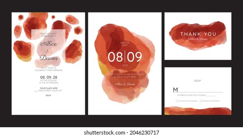 Set of Wedding Invitation, watercolor textures and fake gold splashes for a luxurious touch