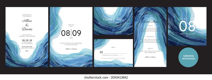 Set of Wedding Invitation, watercolor textures and fake gold splashes for a luxurious touch