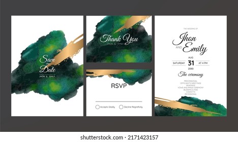 Set of Wedding Invitation, watercolor textures and fake gold splashes for a luxurious touch