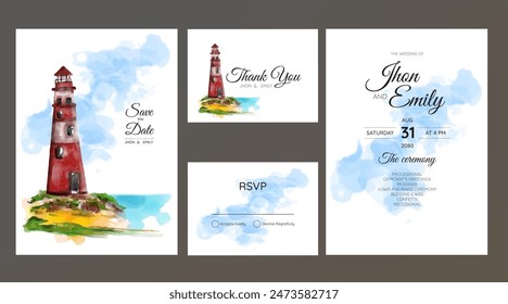 Set of Wedding Invitation,beach panorama, watercolor	
