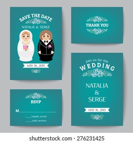 Set of wedding invitations and announcements with nested dolls. Vector illustration