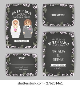 Set of wedding invitations and announcements with nested dolls. Vector illustration