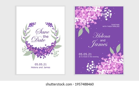 Set of wedding invitations. Blooming, nature, flower, bouquet. Purple. Frame with leaves. Romantic design. Vector vintage illustration.