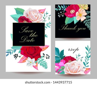Set of wedding invitations with bunch of roses and brier in watercolor imitation