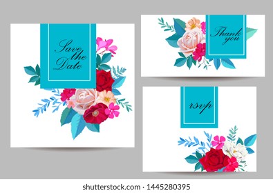 Set of wedding invitations with bunch of roses and brier in watercolor imitation