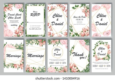 set of wedding invitations with Calla flowers and green leaves. rsvp is a modern art design. natural, Botanical, elegant vector illustration
