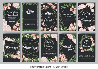 set of wedding invitations with Calla flowers and green leaves. rsvp is a modern art design. natural, Botanical, elegant vector illustration

