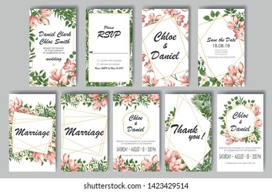 set of wedding invitations with Calla flowers and green leaves. rsvp is a modern art design. natural, Botanical, elegant vector illustration
