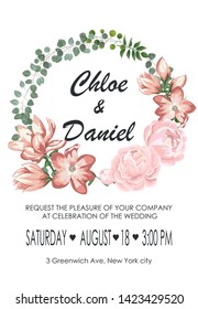 set of wedding invitations with Calla flowers and green leaves. rsvp is a modern art design. natural, Botanical, elegant vector illustration

