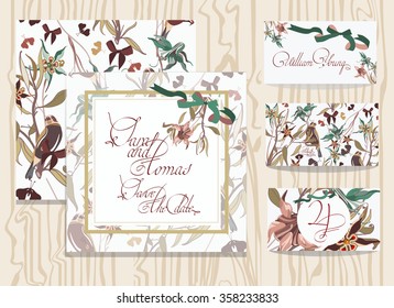 Set of wedding invitations card with a bird and flowers .Aquilegia. Templates . Postcards. Seamless pattern. Vector.