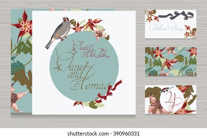 set of wedding invitations card with a bird and flowers .Aquilegia. Templates . Vector. Postcards
