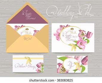 set of wedding invitations card with a  flowers. Tulip. Templates . Vector. Postcards.  Invitation envelope.