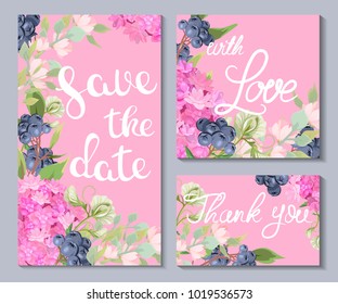 A set of wedding invitations and cards with beautiful pink flowers and berries