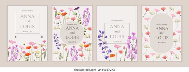 Set of wedding invitations. Cards with floral designs. Vector plant flat illustration