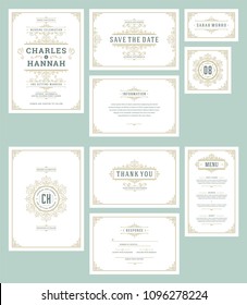 Set wedding invitations cards flourishes ornaments. Invite, save the date, table number and information design and response. Vintage victorian frames and decorations. Vector elegant template.