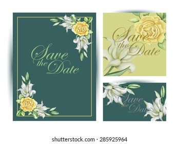 Set of wedding invitations or cards with roses and lily. Watercolor hand drawing. Vector illustration