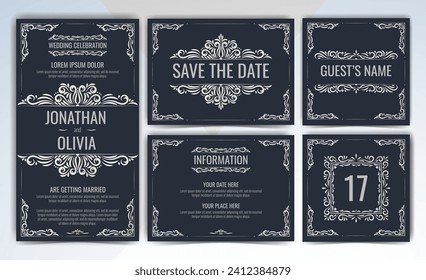 Juego de tarjetas de invitaciones a bodas con adornos de plata. Elegante invitación clásica, guardar la fecha, número de tabla y diseño de información. Marcos y decoraciones victorianos de época