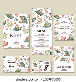Set of wedding invitations. Wedding cards template with individual concept. Design for invitation, thank you card, save the date card.