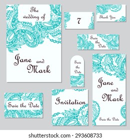Set of wedding invitations. Wedding cards template with individual concept. Design with doodles for Save the Date, valentines day, invitations, mothers day.