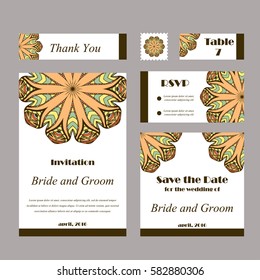 Set of wedding invitations. Wedding cards template with individual concept. Design for invitation, thank you card, save the date card.