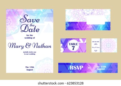 Set of wedding invitations. Wedding cards template with individual concept. Design for invitation, thank you card, save the date card.