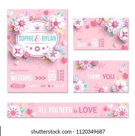 Set von Hochzeitseinladungen Design mit weißem Papier geschnitten Frühlingsblumen auf rosafarbenem Hintergrund. Vektorgrafik. Speichern Sie die Datumskarte mit typografischer Vorlage für Text.