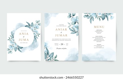 Conjunto de invitaciones de boda con elegantes flores y hojas azules