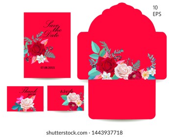 Set of wedding invitations and envelope with floral spring motif