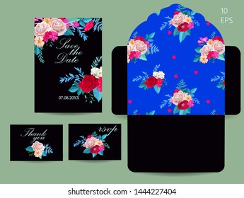 Set of wedding invitations and envelope with floral spring motif