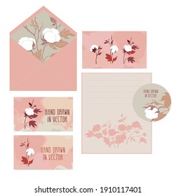 A set for wedding invitations. An envelope, postcard, business card, sticker, sheet for writing. Pink color