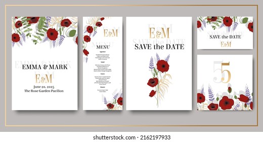 Juego de invitaciones de boda, conjunto de plantillas de moda para el diseño , vector - guardar la fecha, menú de boda, número de tabla, invitación. Flores rojas y lilac, pasteles y lavanda, vegetación. 