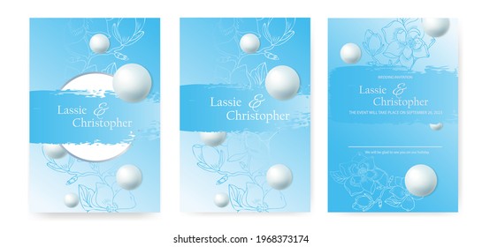 A set of wedding invitations with floral elements. Invitation cards or postcards on a blue background, decorated with voluminous pearls . Space for your text. EPS10.