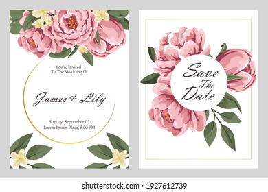 Set of wedding invitations, floral invitations in modern style. Postcard template with flowers and decorative branches of greenery. Vector illustration