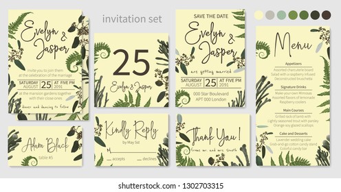 Set of wedding invitations, floral invitations, table, menu, thank you, rsvp card design. Flowering eucalyptus, dark green with long leaves, fern, brunia. Vector elegant pattern
