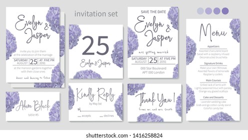 Set of wedding invitations, floral invitations, table, menu, thank you, rsvp card design. Blue, purple, sapphirine flower of hydrangea, mophead, lacecap, panicle flowers on a white background. Vector