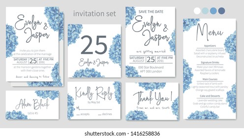Set of wedding invitations, floral invitations, table, menu, thank you, rsvp card design. Blue, purple, sapphirine flower of hydrangea, mophead, lacecap, panicle flowers on a white background. Vector