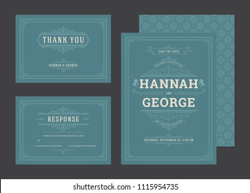 Set wedding invitations flourishes ornaments cards. Invite, save the date and response design. Vintage victorian frames and decorations. Vector elegant template.