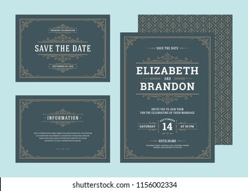 Set wedding invitations flourishes ornaments cards. Invite, thank you and response design. Vintage victorian frames and decorations. Vector elegant template.