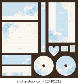 Set of wedding invitations with flowers background.